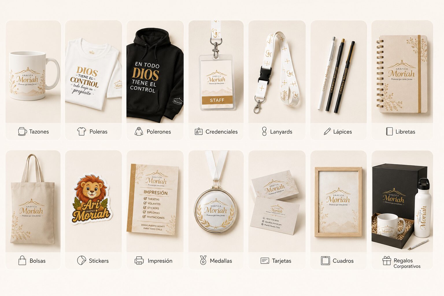 Catálogo de productos personalizados Gráfica Moriah: tazones, poleras, credenciales, stickers, medallas y más
