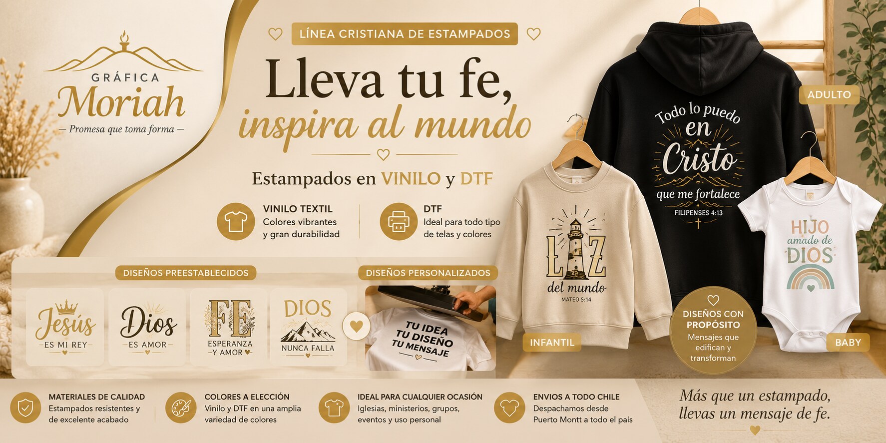 Línea cristiana de estampados Gráfica Moriah — Lleva tu fe, inspira al mundo. Estampados en vinilo y DTF, diseños prediseñados y personalizados, envíos a todo Chile.